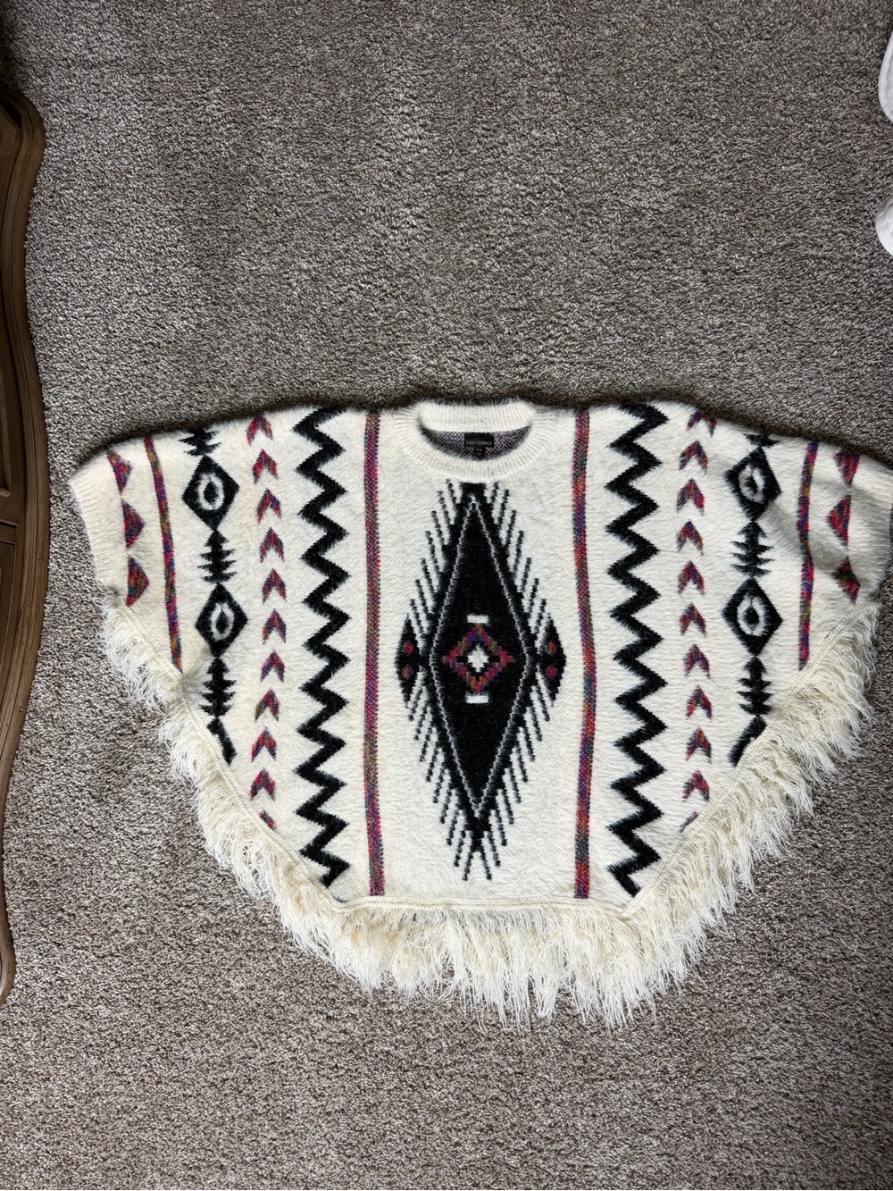 Coco + Carmen Cream Aztec Fringed Poncho with Black & Burgundy Accents